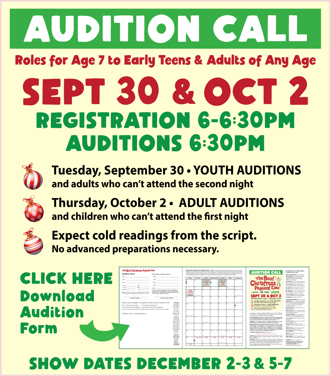 Audition Call Sept 30 & Oct 2. Roles for Age 7 to Early Teen and Adults of Any And